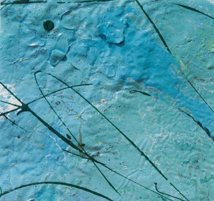 Artwork realized with enamel and tempera colors poured or dripped and smeared on canvas with a knife modified by atmospheric agents with pieces of clotted enamel. This artwork is the n. 18 of the 30 equal pieces (cm13xcm13,7) of the painting PPP Light Blue Abstract (cm 78x68,8).