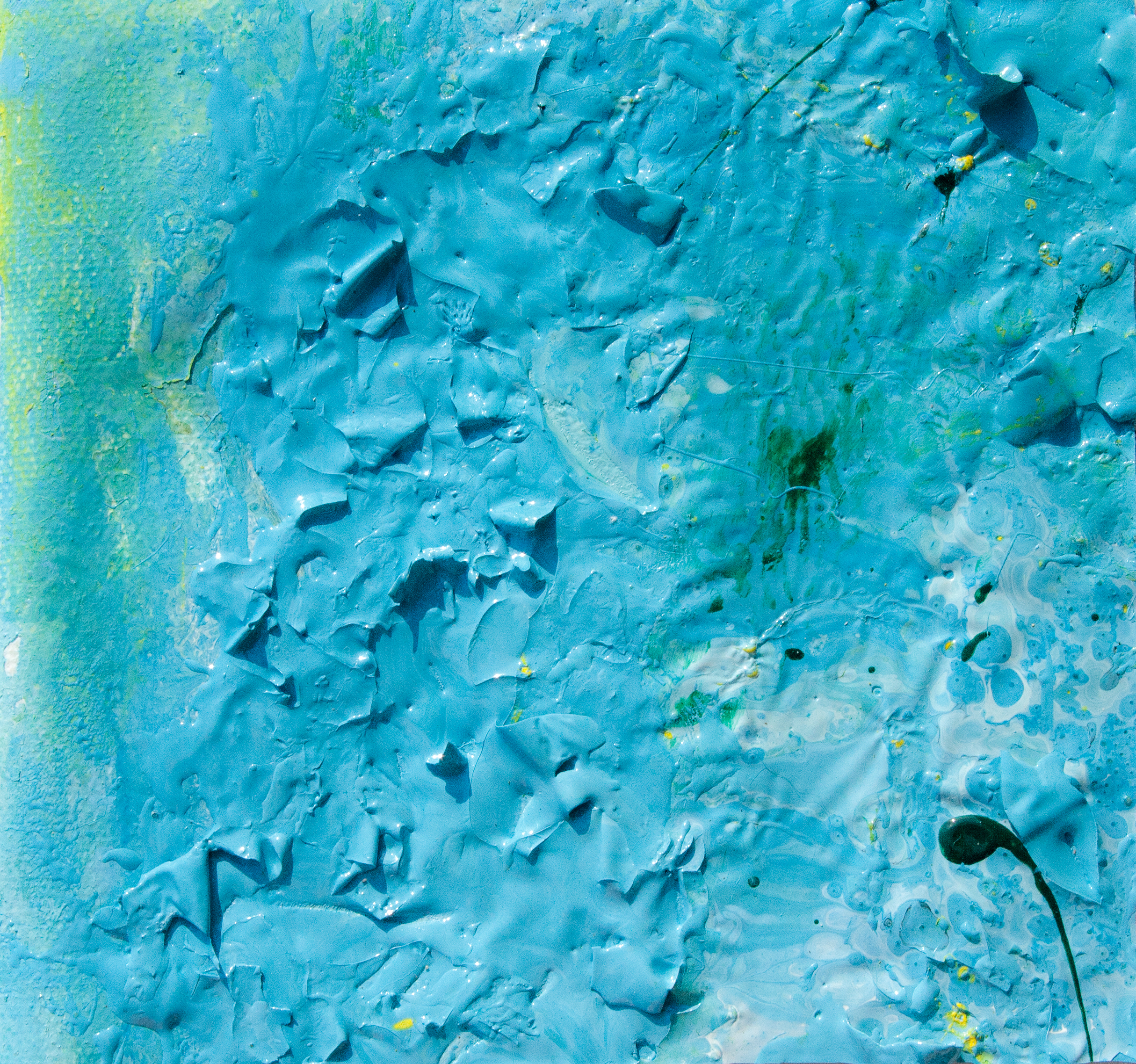 Artwork realized with enamel and tempera colors poured or dripped and smeared on canvas with a knife modified by atmospheric agents with pieces of clotted enamel. This artwork is the n. 20 of the 30 equal size pieces (cm13xcm13,7) of the painting PPP Light Blue Abstract (cm 78x68,8).