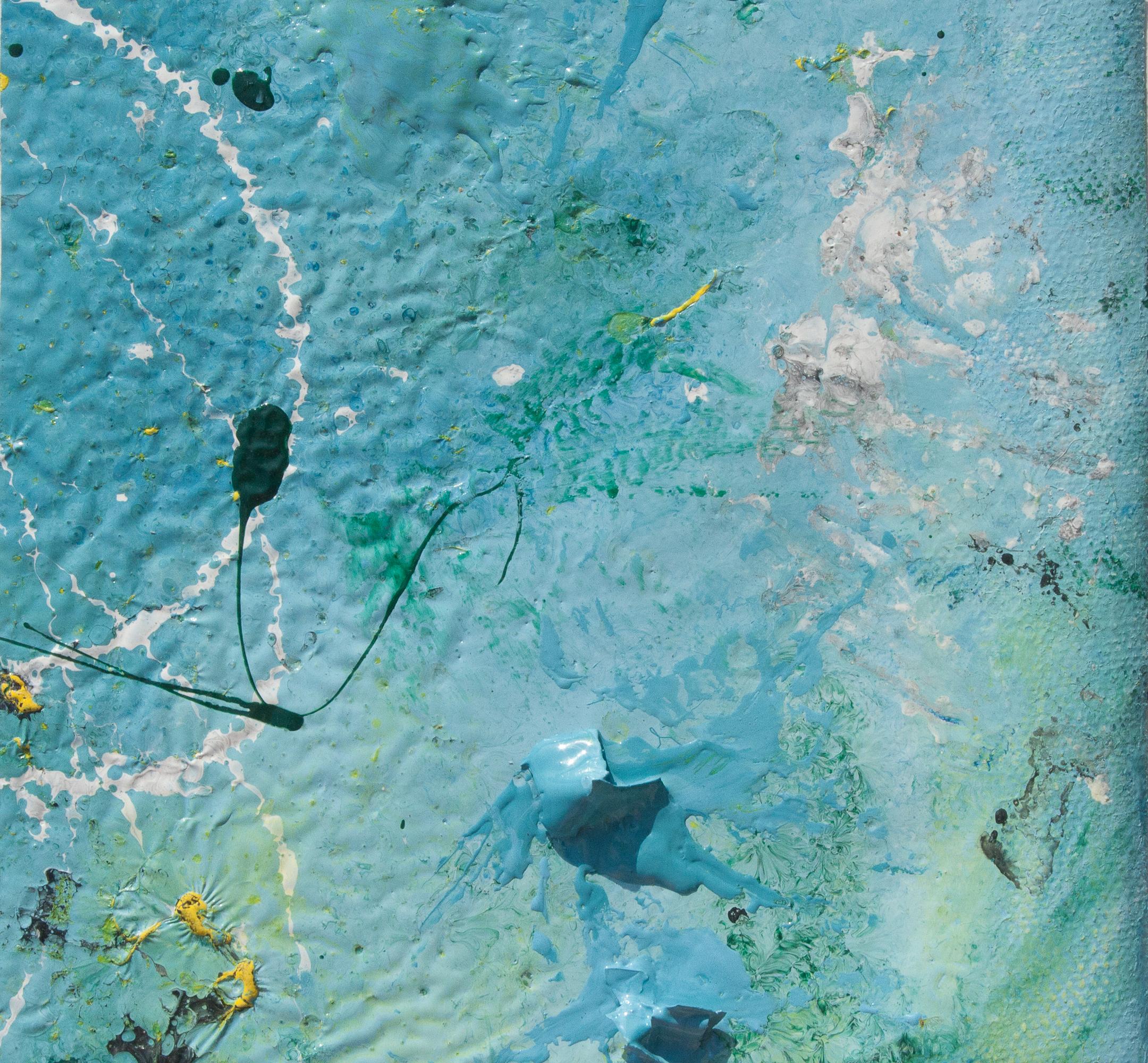 blue tones irregular background, with pieces of clotted enamel. Artwork realized with enamel and tempera colors poured or dripped and smeared on canvas with a knife modified by atmospheric agents with pieces of clotted enamel.