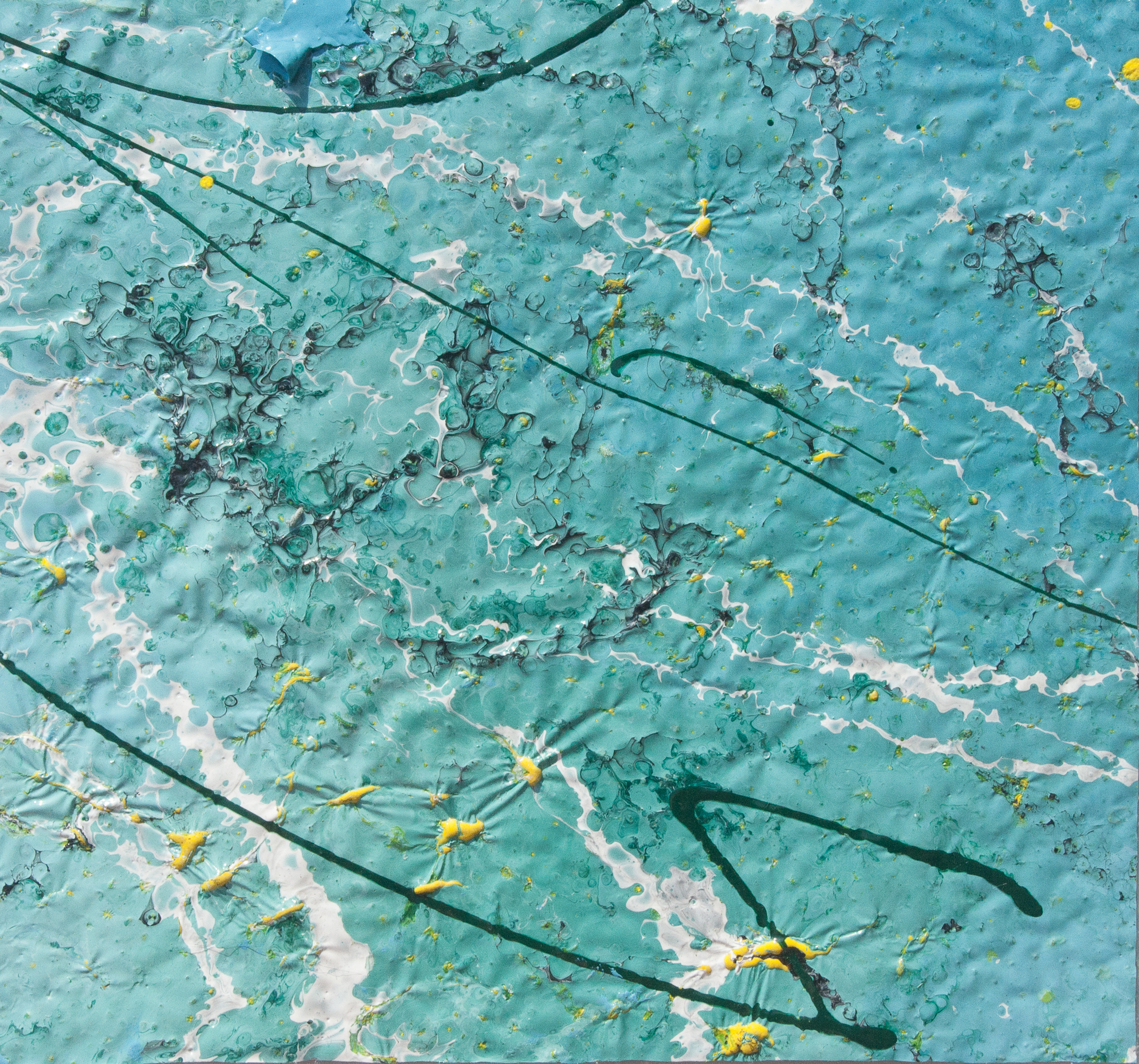 Artwork realized with enamel and tempera colors poured or dripped and smeared on canvas with a knife modified by atmospheric agents. This artwork is the n. 22 of the 30 equal size pieces (cm13xcm13,7) of the painting PPP Light Blue Abstract (cm 78x68,8). My PPP (Pieces Painting Project) consists of creating a painting and then dividing it and cutting it in several pieces,