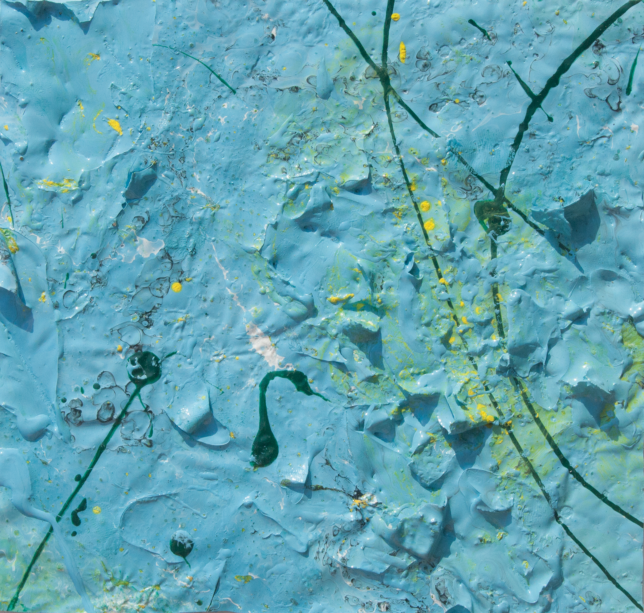 Artwork realized with enamel and tempera colors poured or dripped and smeared on canvas with a knife modified by atmospheric agents with pieces of clotted enamel. This artwork is the n. 24 of the 30 equal size pieces (cm13xcm13,7) of the painting PPP Light Blue Abstract (cm 78x68,8). My PPP (Pieces Painting Project) consists of creating a painting and then dividing it and cutting it in several pieces, so that each buyer will own a different part of the artwork.