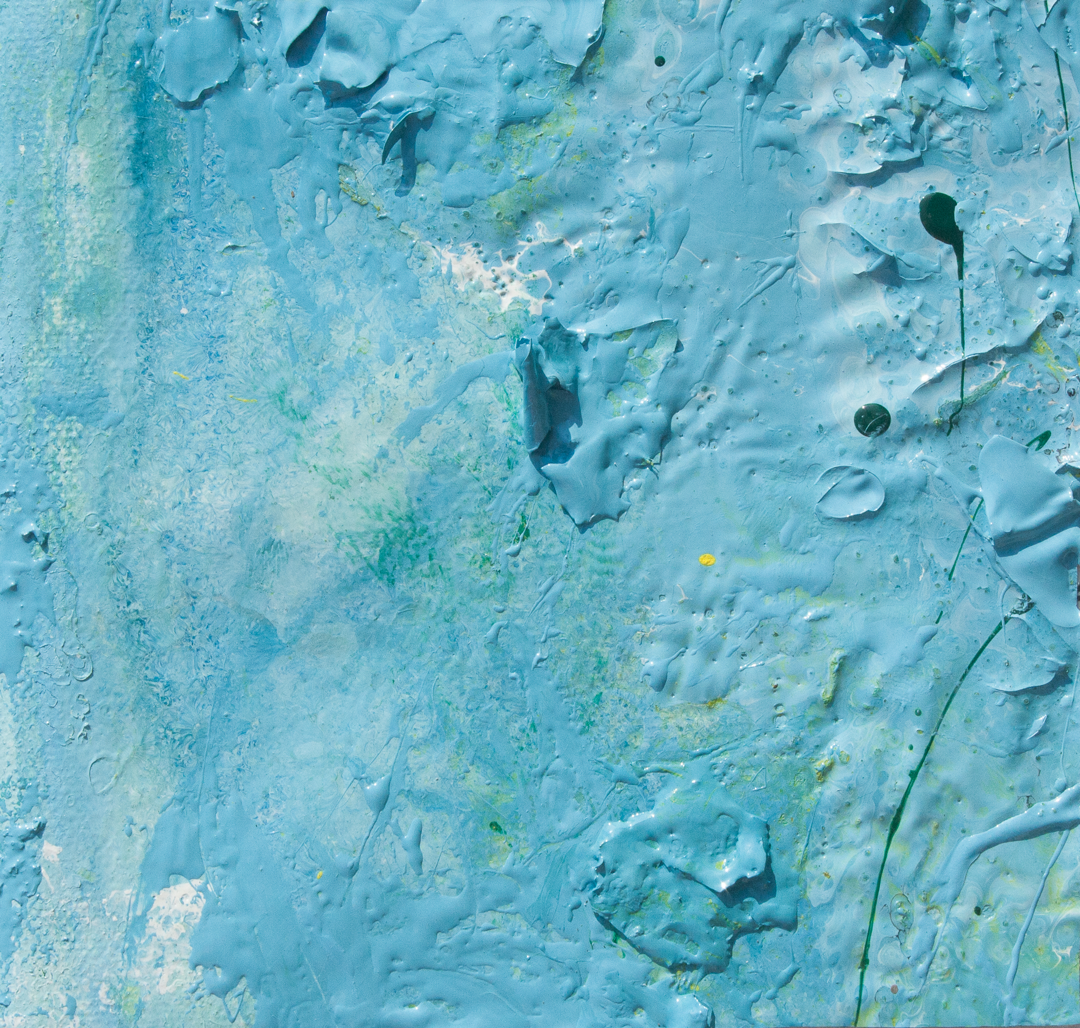 Artwork realized with enamel and tempera colors poured or dripped and smeared on canvas with a knife modified by atmospheric agents with pieces of clotted enamel. This artwork is the n. 25 of the 30 equal size pieces (cm13xcm13,7) of the painting PPP Light Blue Abstract (cm 78x68,8). My PPP (Pieces Painting Project) consists of creating a painting and then dividing it and cutting it in several pieces, so that each buyer will own a different part of the artwork. The PPProject is conceived to create connections between people