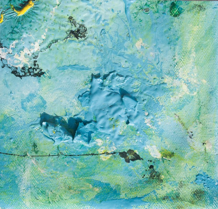 enamel and tempera colors poured or dripped and smeared on canvas with a knife modified by atmospheric agents with pieces of clotted enamel. This artwork is the n. 26 of the 30 equal size pieces (cm13xcm13,7) of the painting PPP Light Blue Abstract (cm 78x68,8).  