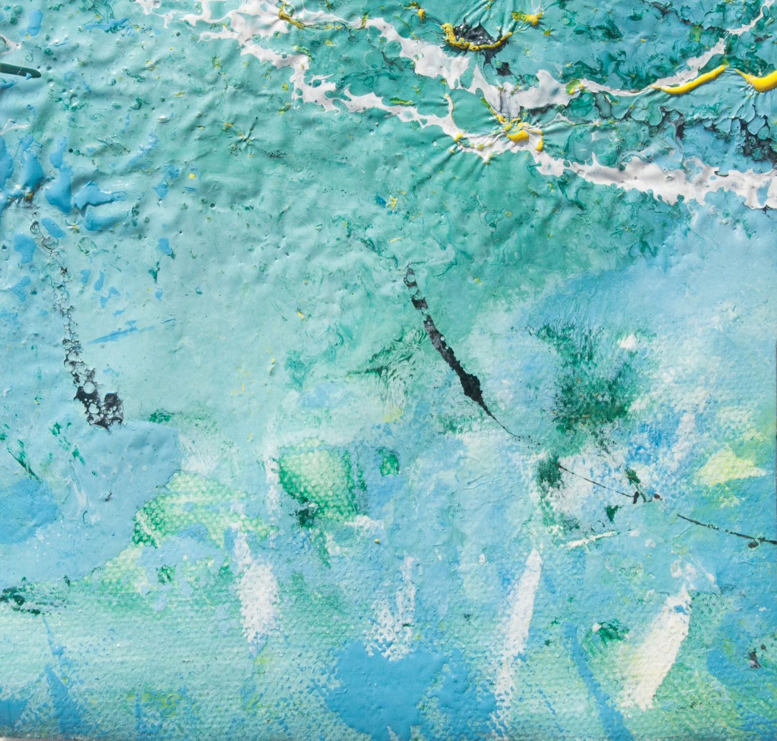 Artwork realized with enamel and tempera colors poured or dripped and smeared on canvas with a knife modified by atmospheric agents with pieces of clotted enamel.