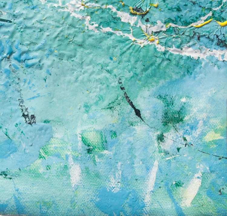 Artwork realized with enamel and tempera colors poured or dripped and smeared on canvas with a knife modified by atmospheric agents with pieces of clotted enamel.