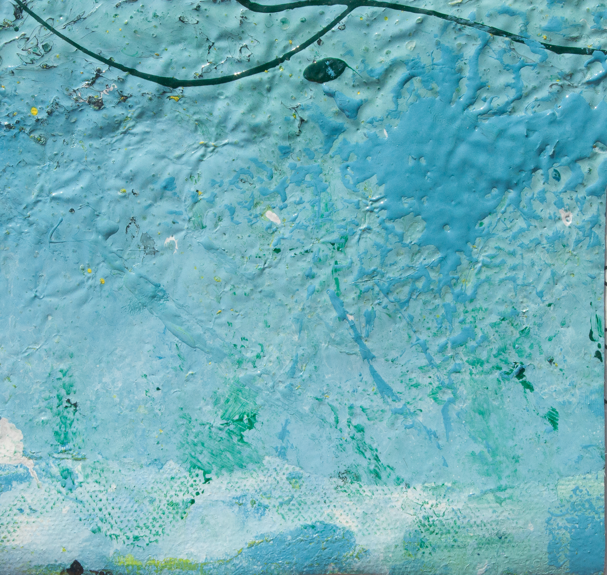 Artwork realized with enamel and tempera colors poured or dripped and smeared on canvas with a knife modified by atmospheric agents.