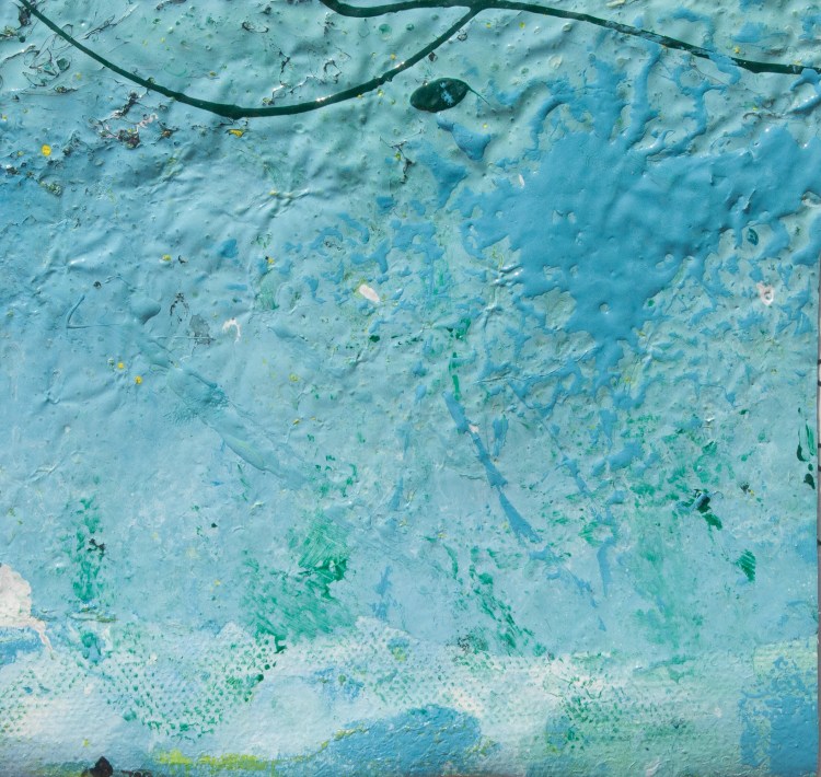 Artwork realized with enamel and tempera colors poured or dripped and smeared on canvas with a knife modified by atmospheric agents.