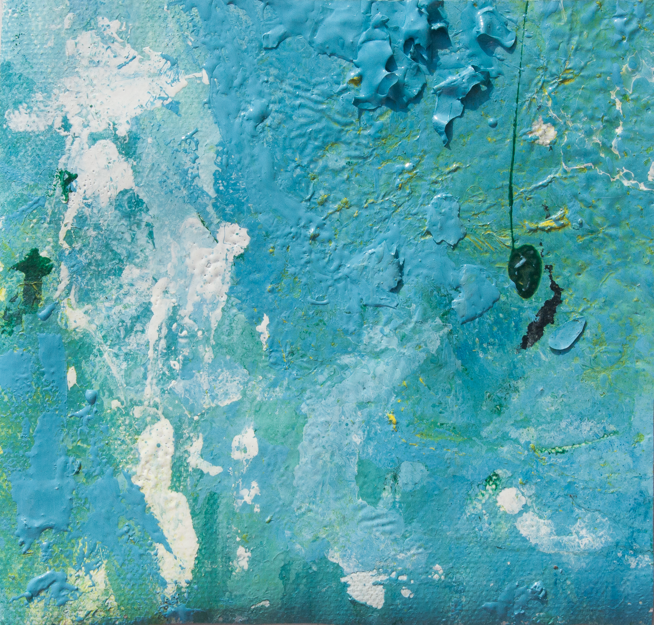 Artwork realized with enamel and tempera colors poured or dripped and smeared on canvas with a knife modified by atmospheric agents. This artwork is the n. 30 of the 30 equal size pieces (cm13xcm13,7) of the painting PPP Light Blue Abstract (cm 78x68,8).