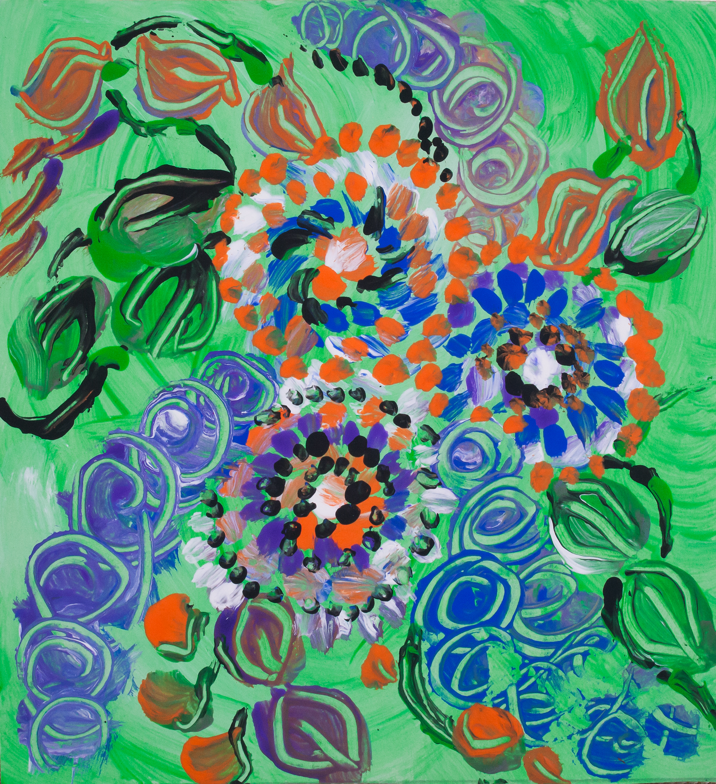 Abstract green meadow with flowers and foliage like image with round concentric shapes and dots