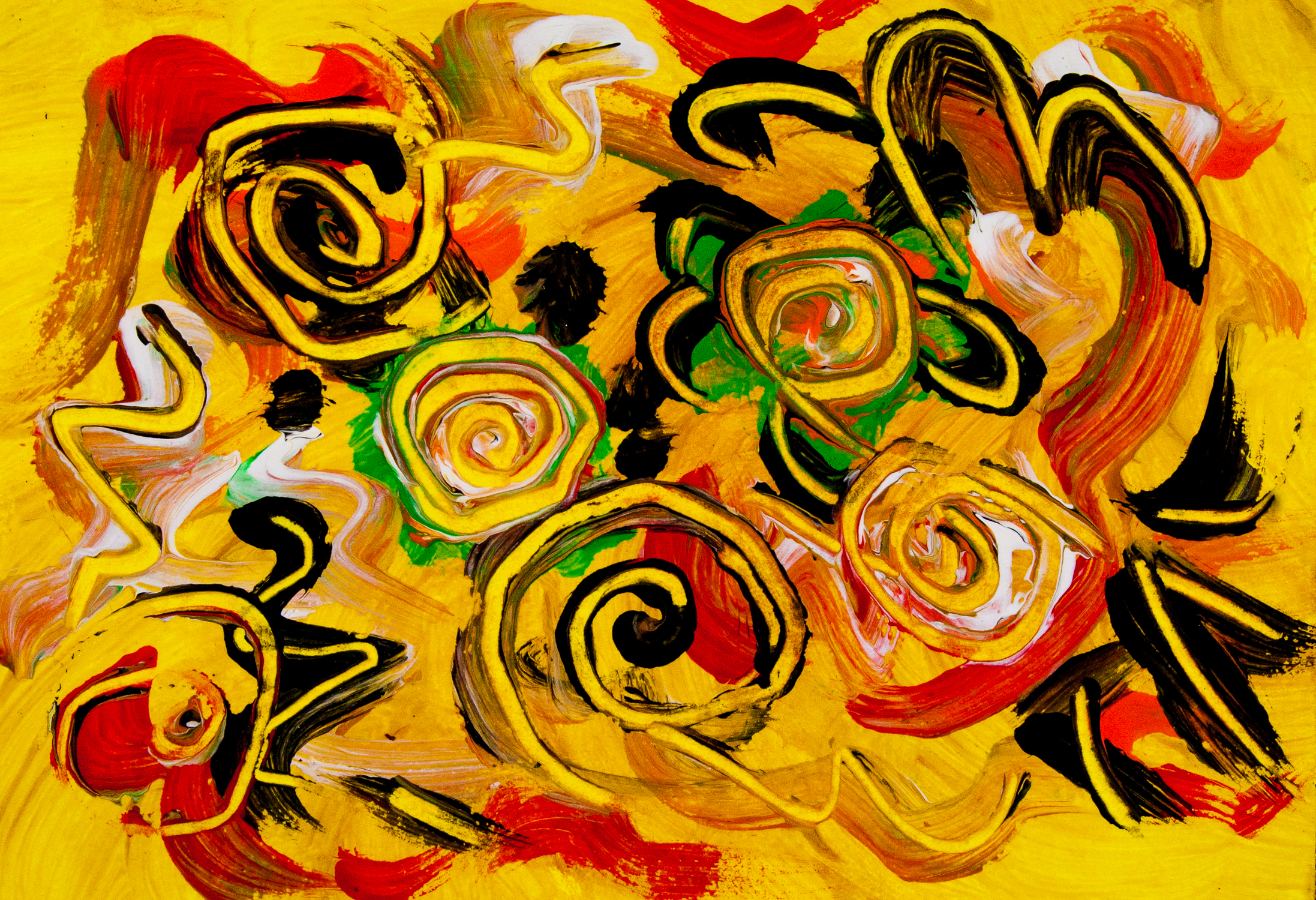 Abstract yellow movement like image in bright colors with swirls, round shapes and bended lines