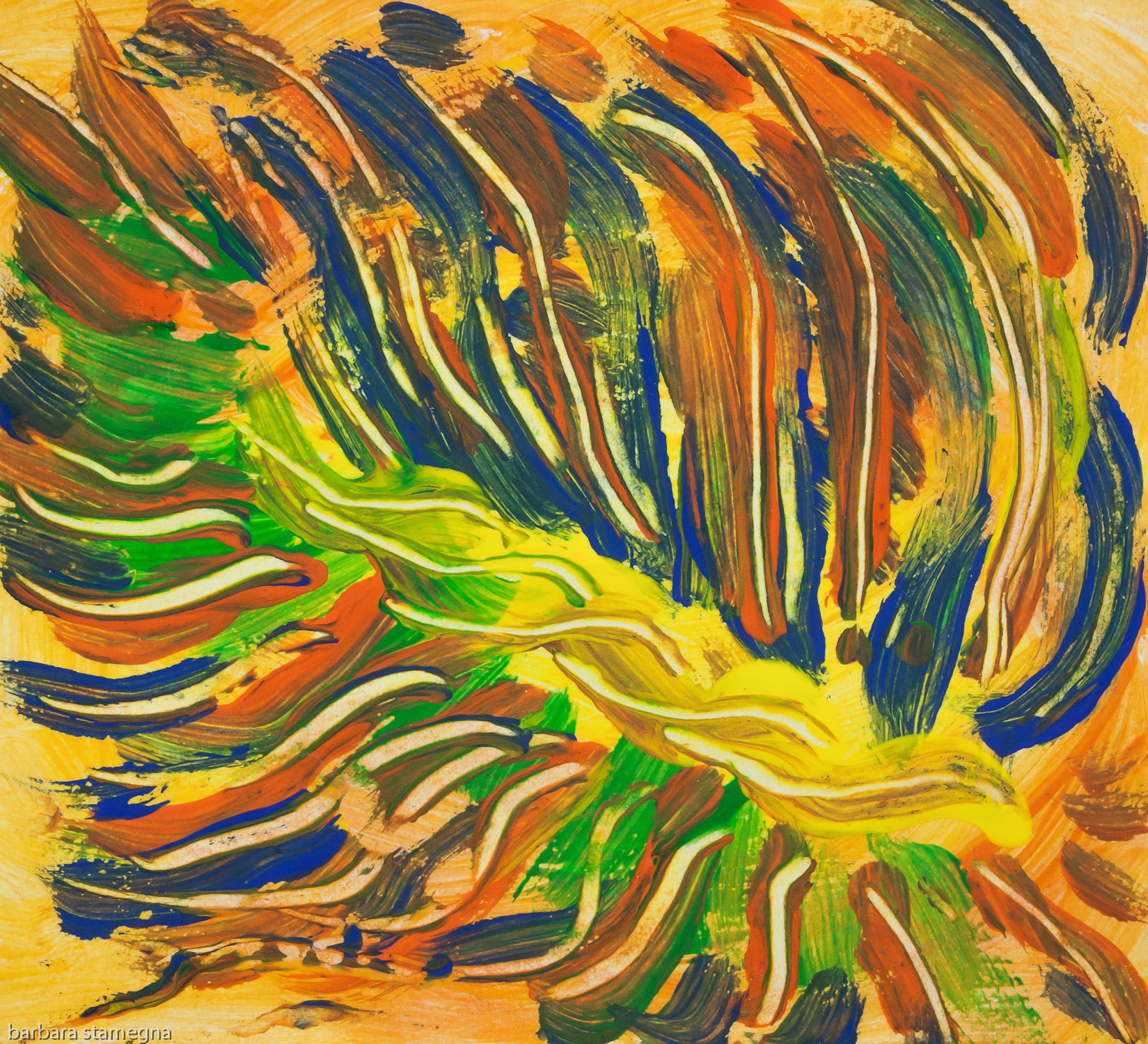 Colorful converging lines on yellow background abstract image with central rope like pattern and bended lines