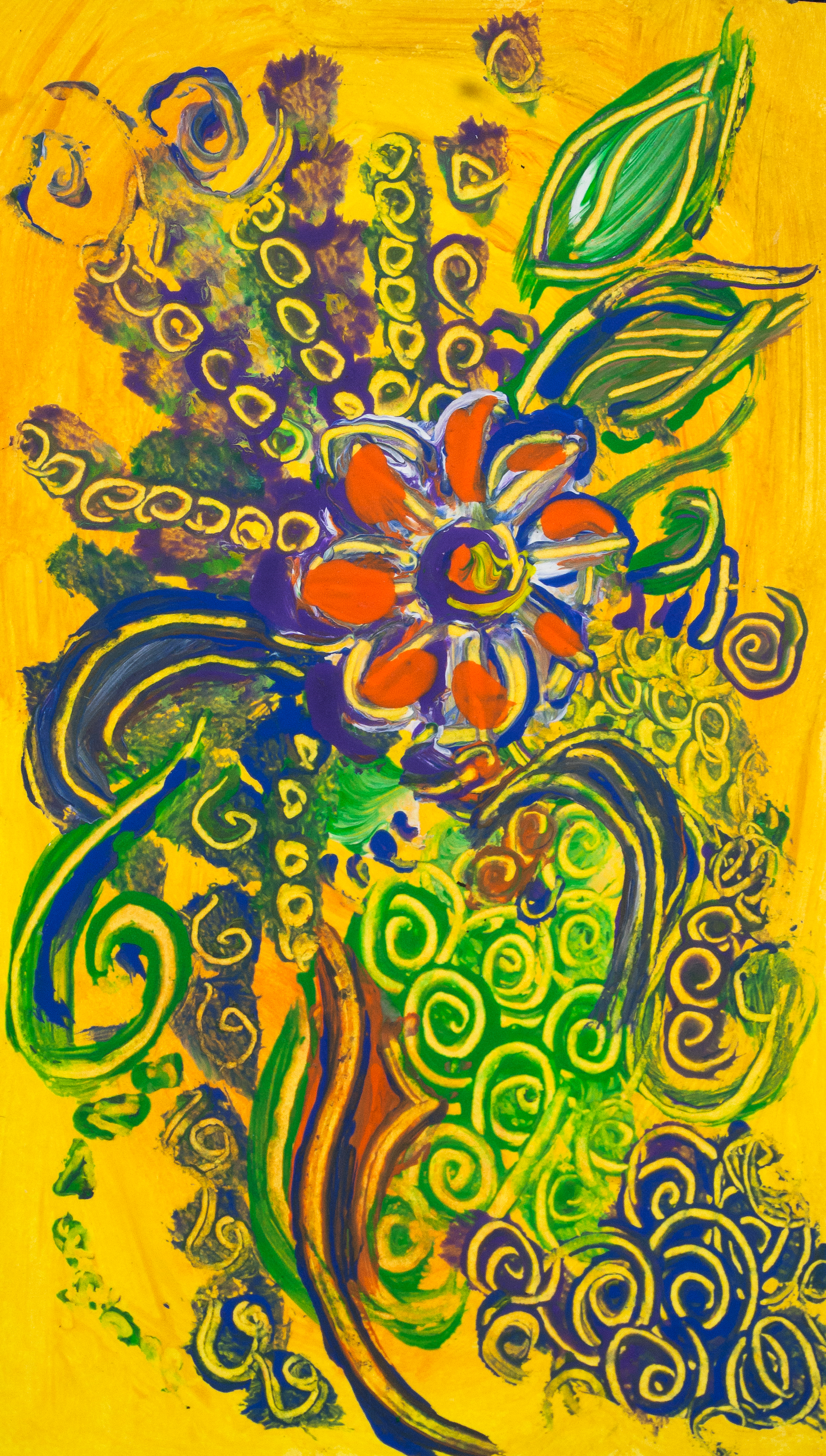Abstract flower composition like image on yellow background with a central orange flower, with bended lines, spots of color and round shapes