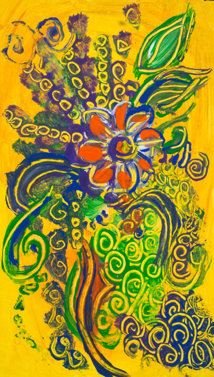 Abstract flower composition like image on yellow background with a central orange flower, with bended lines, spots of color and round shapes