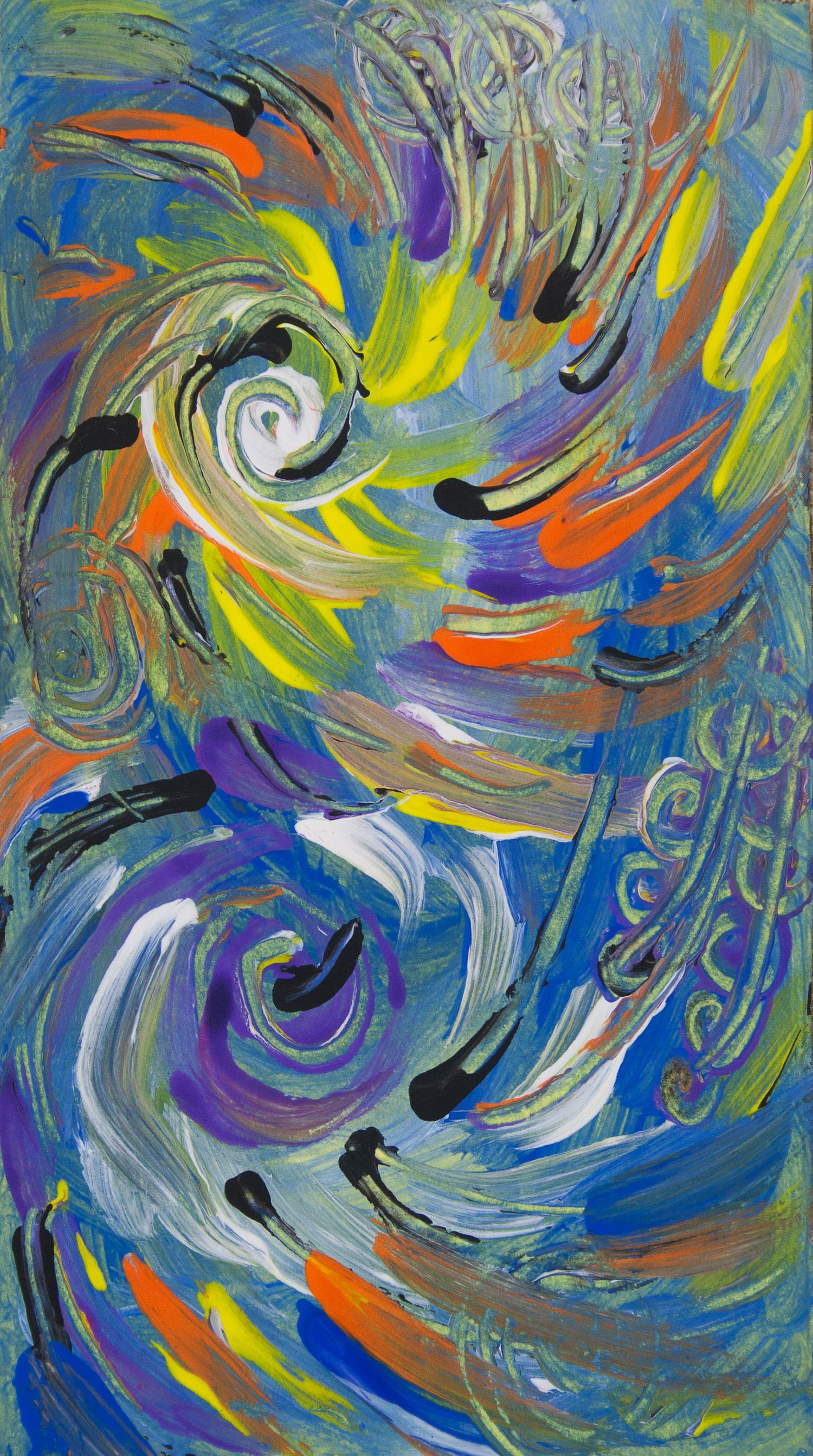 abstract multicolored spirals and round shapes in shades of blue