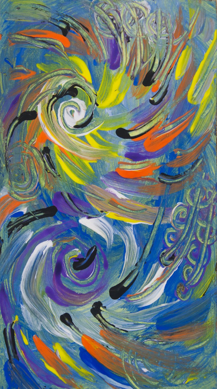 abstract multicolored spirals and round shapes in shades of blue