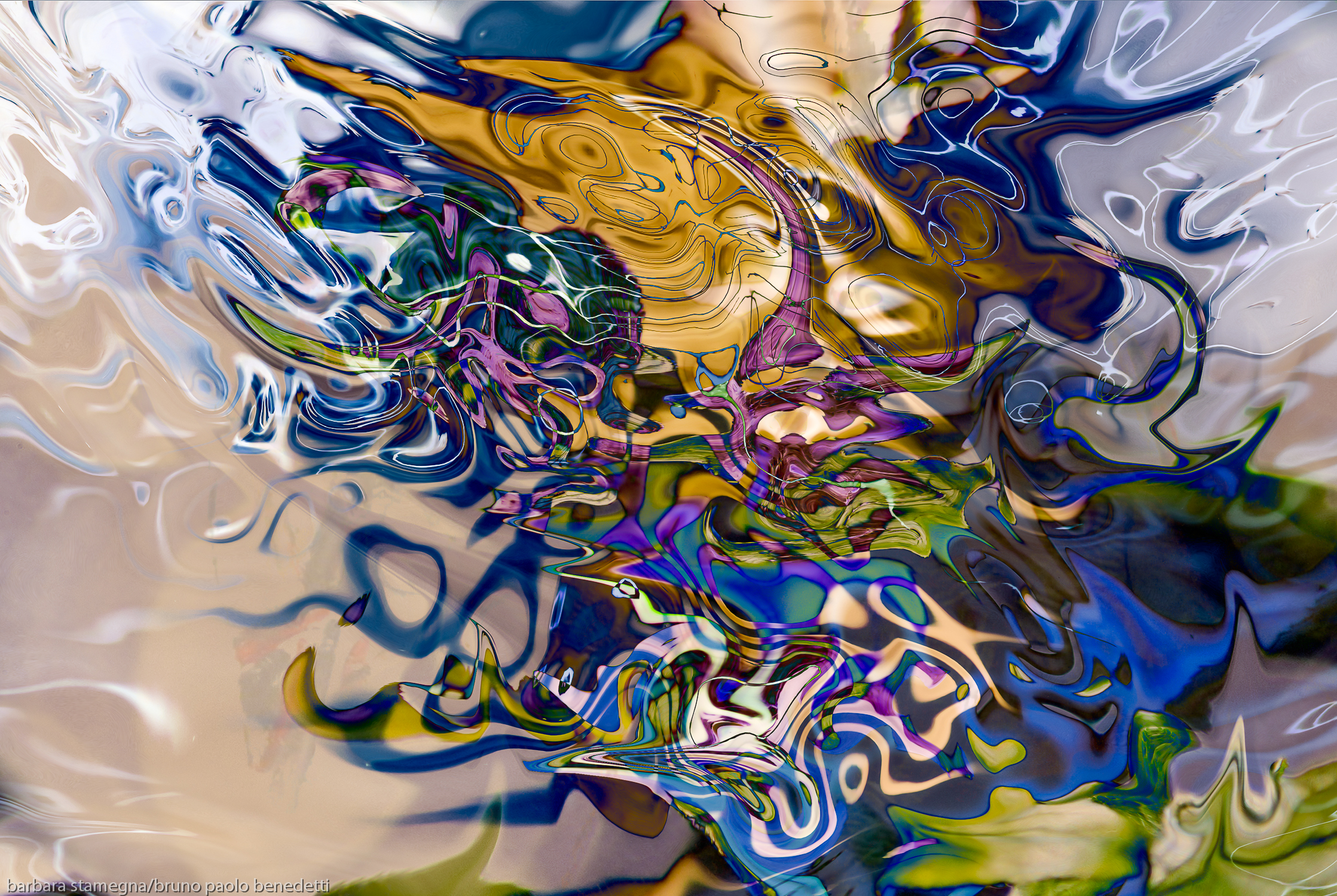liquid objects abstraction: colorful fuid image with dissolving shapes fusion art