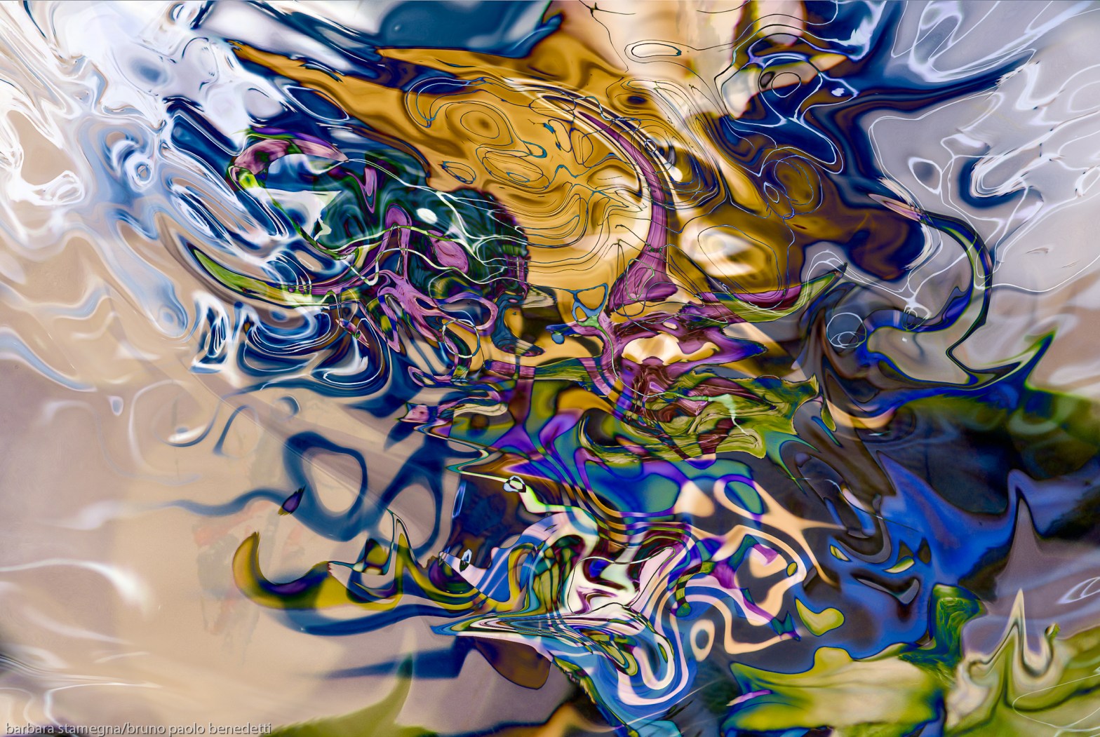 liquid objects abstraction: colorful fuid image with dissolving shapes fusion art