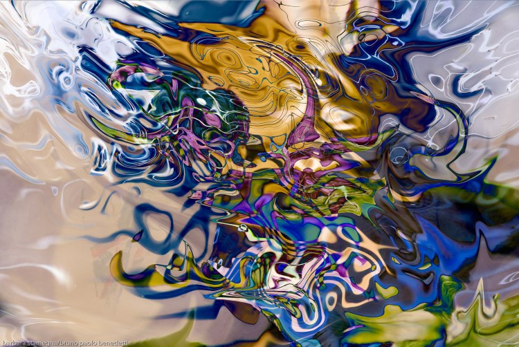 liquid objects abstraction: colorful fuid image with dissolving shapes fusion art
