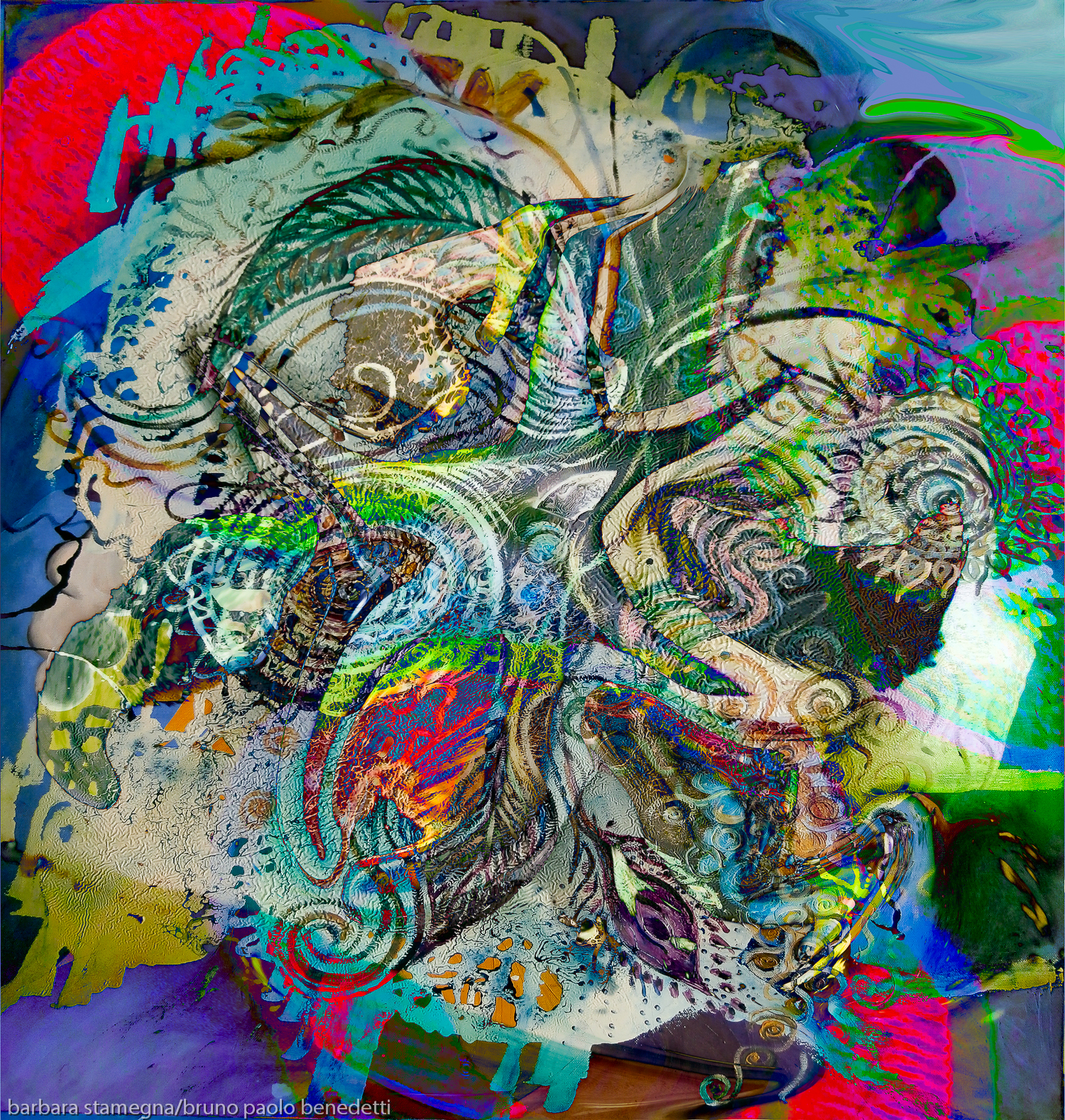 mottled multicolored abstract composition image with detailed objects and shapes photography painting fusion art