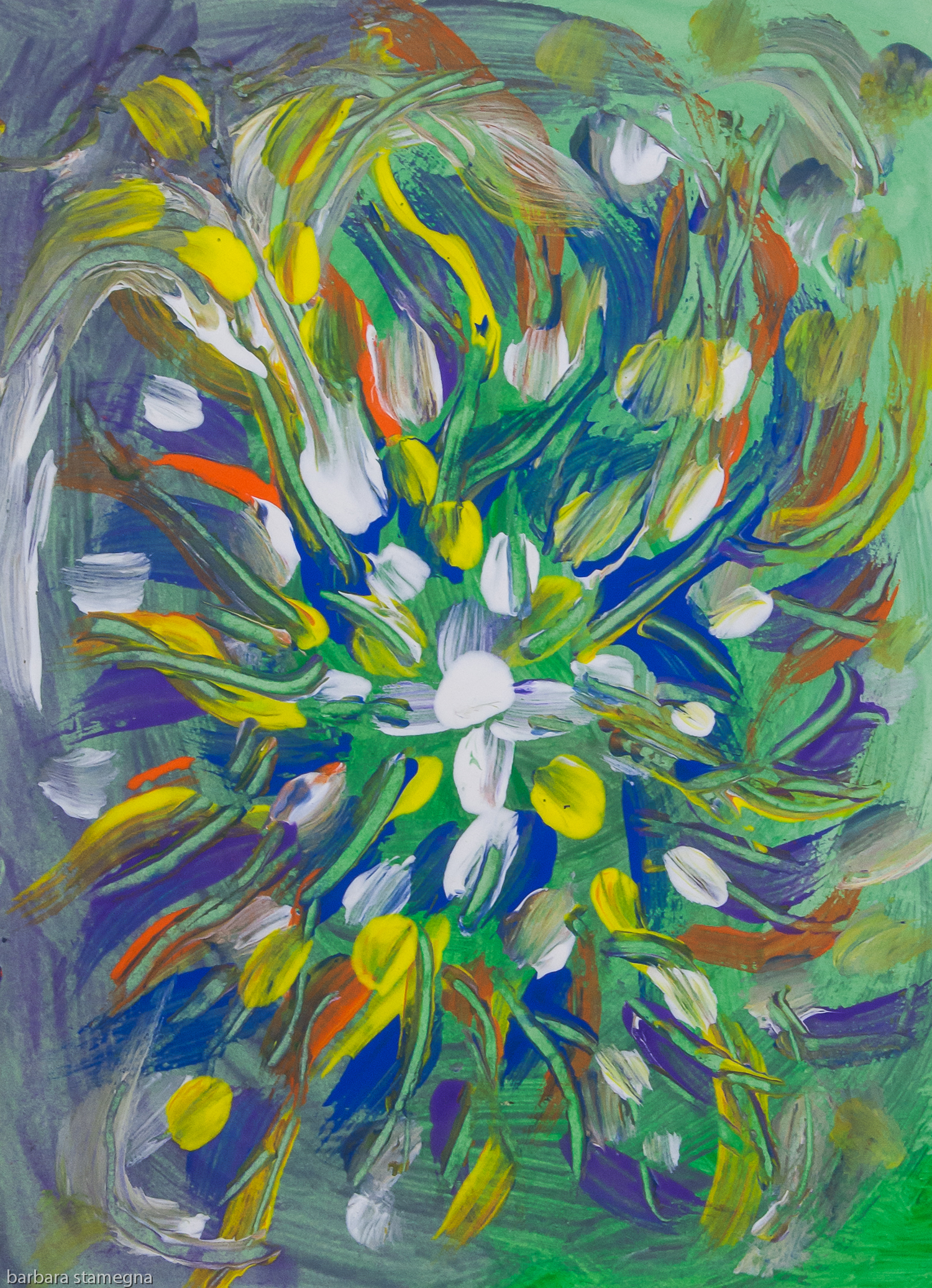 soft tones flower abstract; abstract flower like image with a central flower like shape, with spots and dots of color in soft tones with nuances and shades