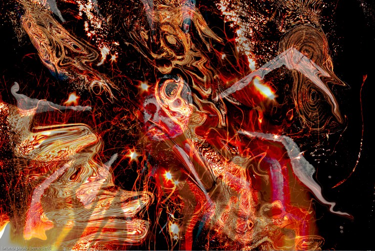 swirling fire universe: fire flame swirls and concentric shapes and central head on black background