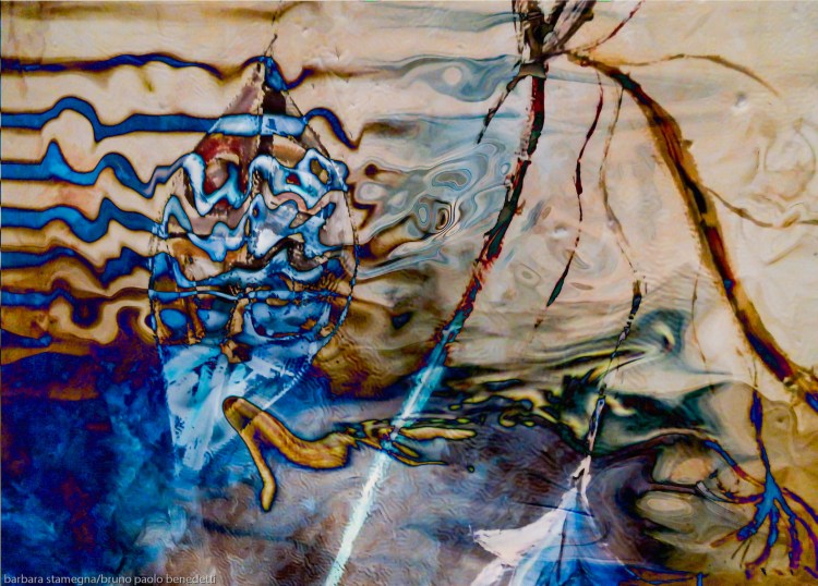 water dream abstraction image with fluid shapes, lines, waves and colors in blue and light brown tones photohraphy painting art