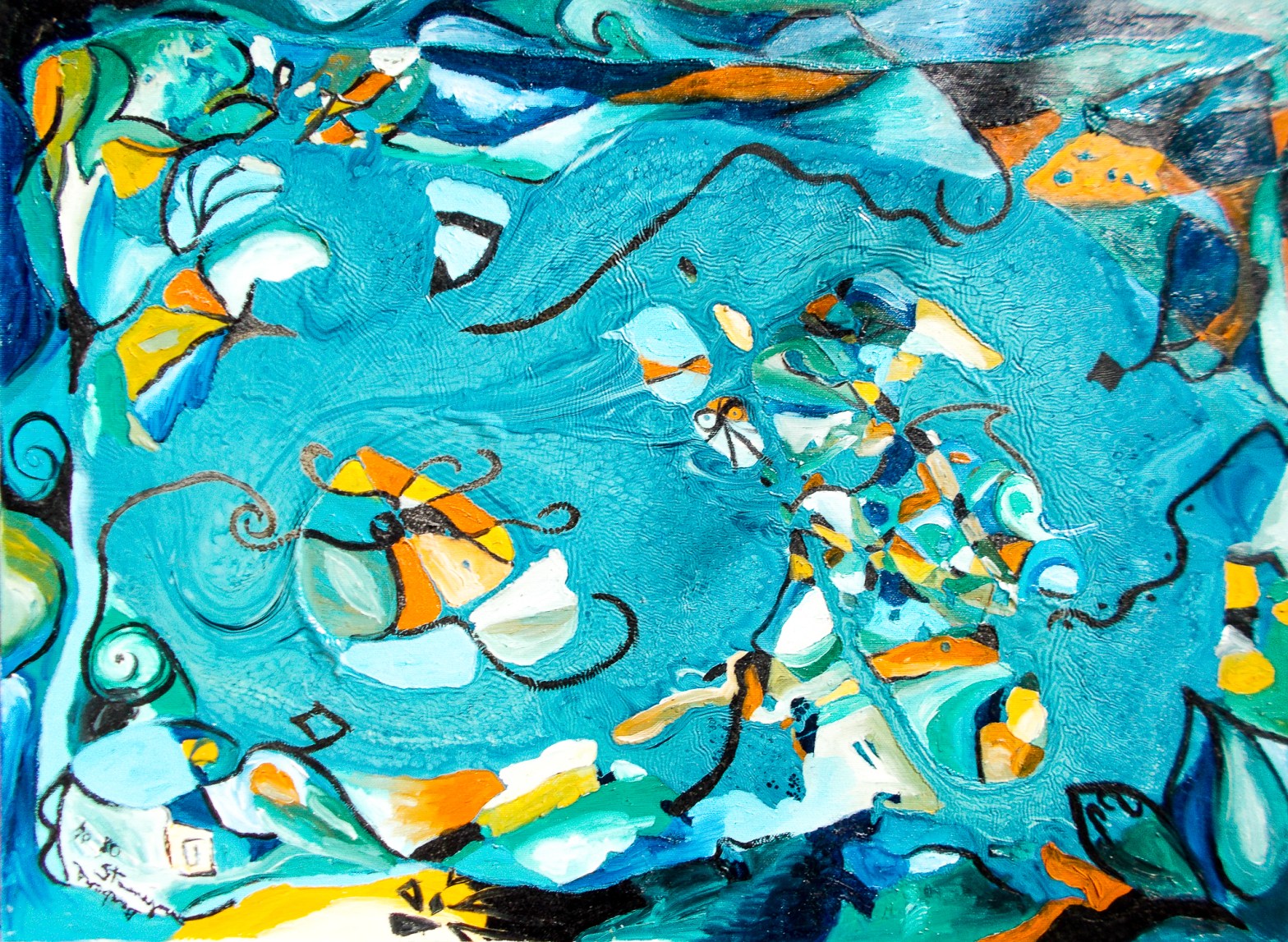 Orange, white, blue tones, yellow, black, green tones irregular abstract and geometric colored shapes image with bended lines and curls