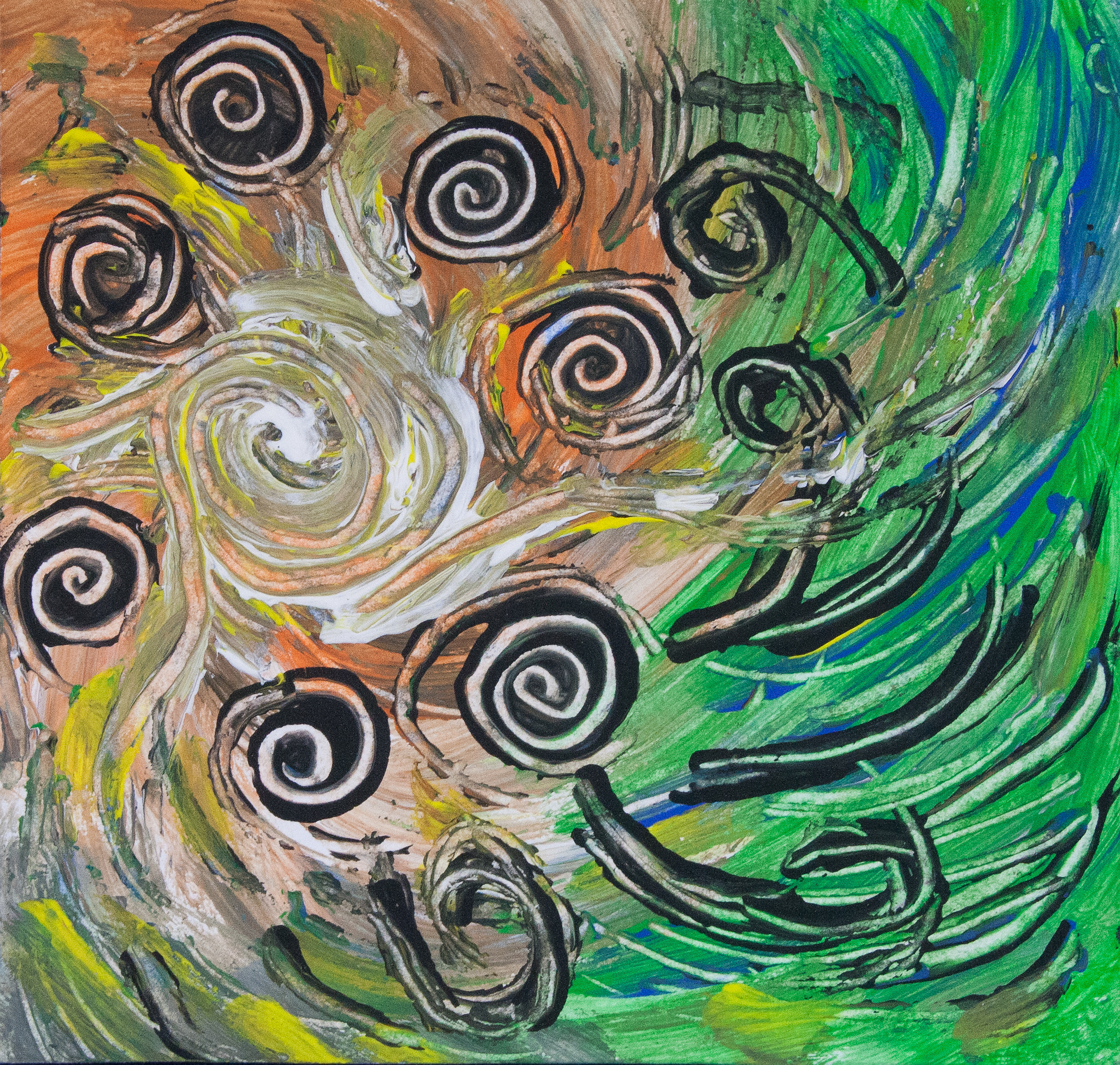 Dynamic abstract image with concentric shapes in movement and bending lines on mottled background