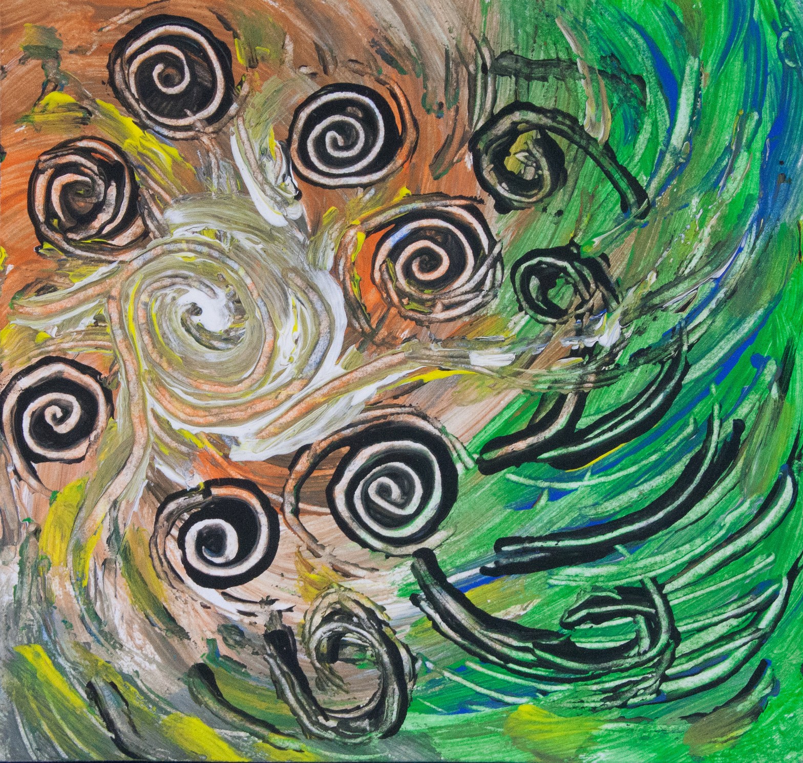 Dynamic abstract image with concentric shapes in movement and bending lines on mottled background