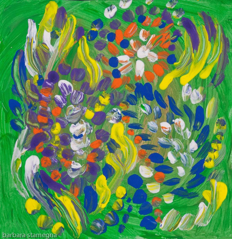 Multicolored abstract flower composition like image with fluid shapes, bended lines and dots