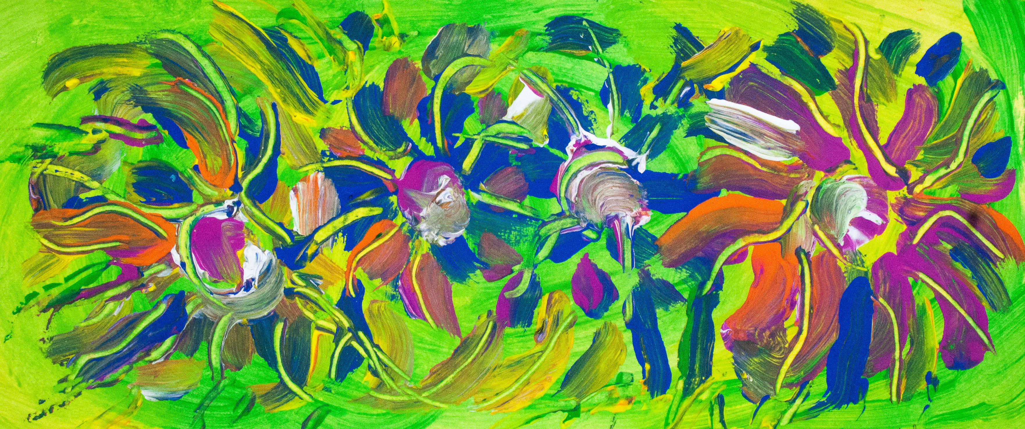 Abstract multicolored flowers image on green background with abstract flower shapes, bended lines and spots of color