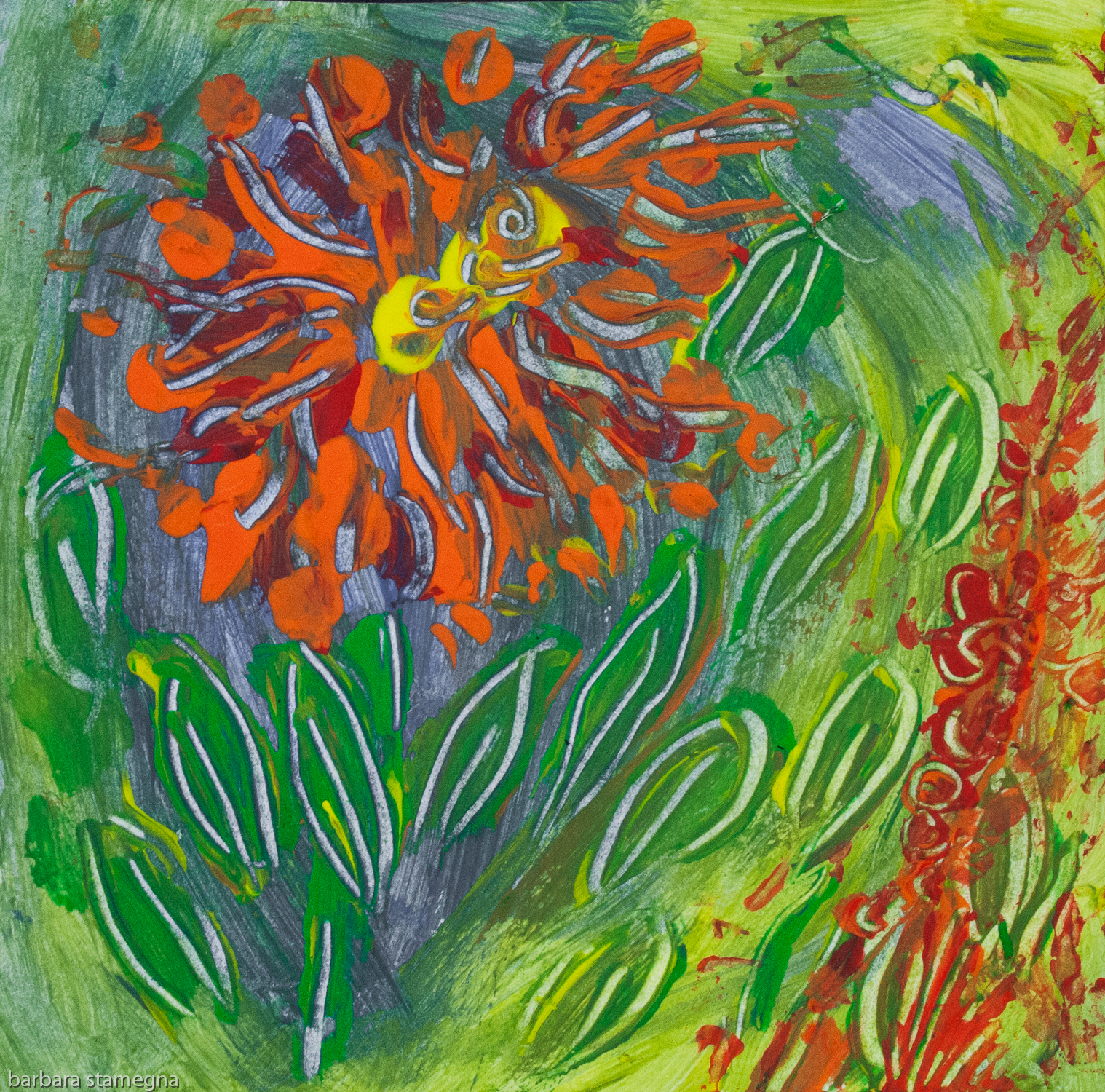 Abstract orange flower like image with leaves and spots of color