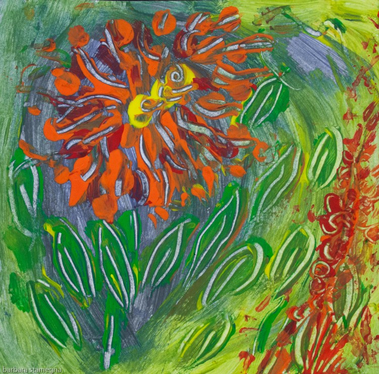 Abstract orange flower like image with leaves and spots of color