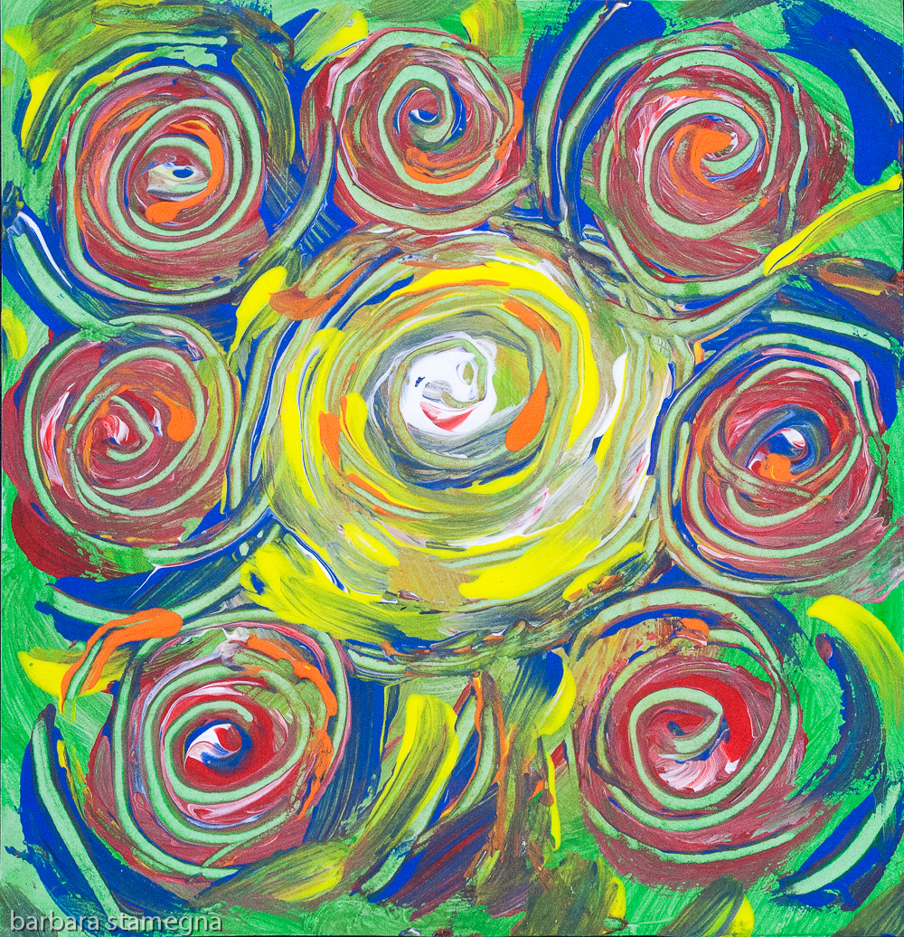 Colored whirlpool shapes abstract image with concentric lines and spots of color