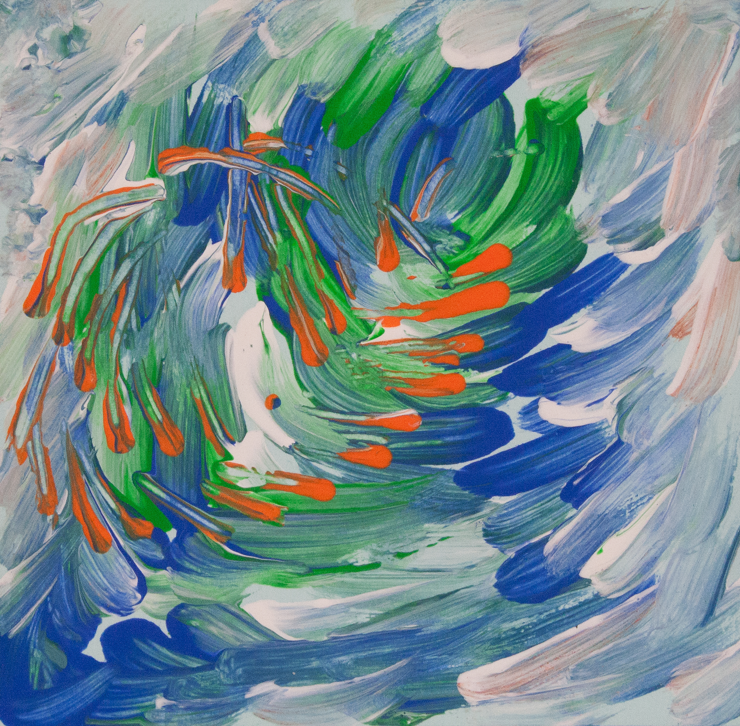 Fluid abstract image with moving orange whirling elements on mottled dynamic background