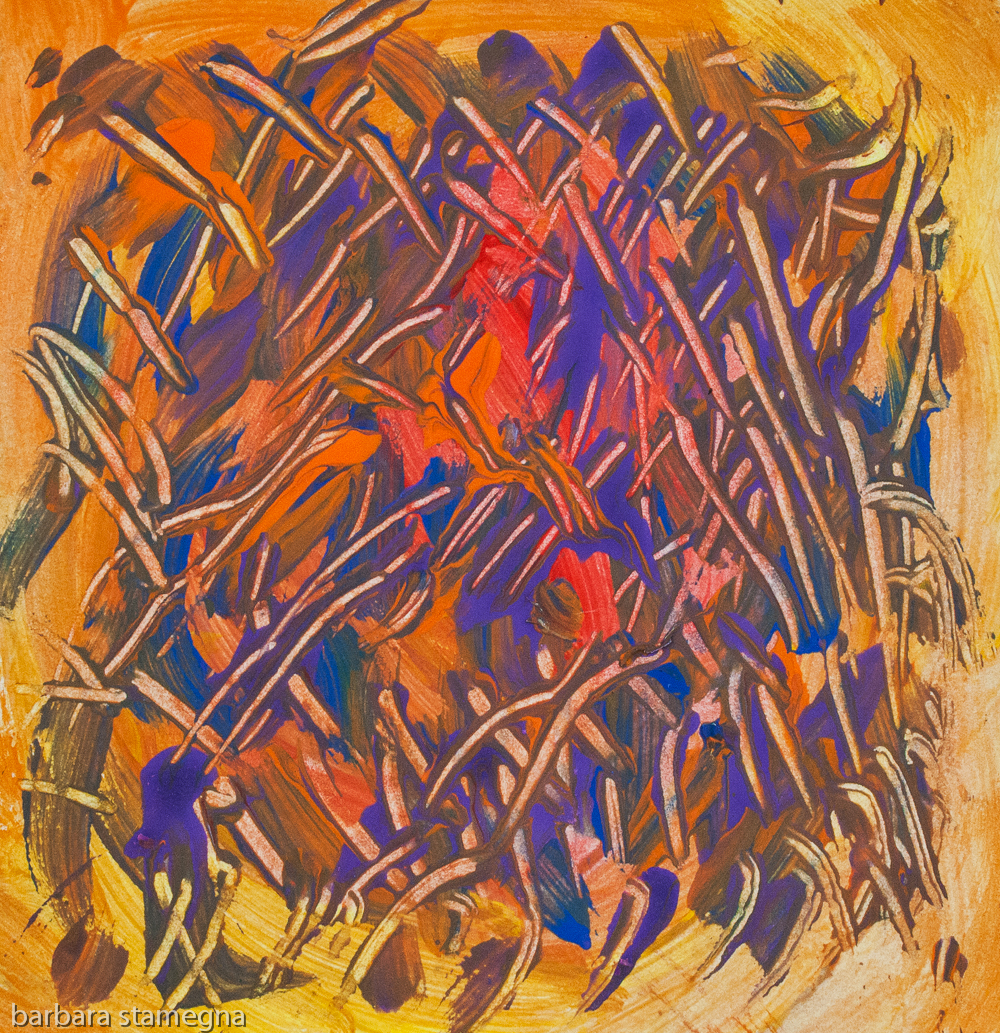 Dominant purple and orange abstract image with shades, spots of color and lines