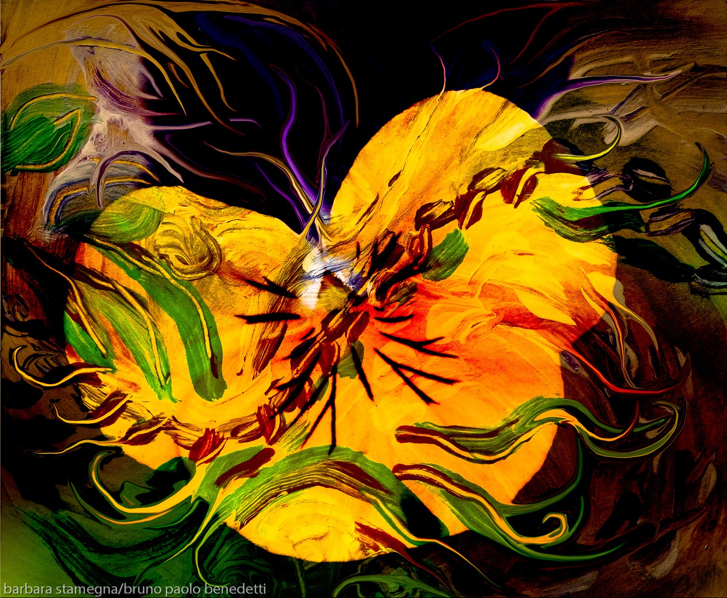 abstract floating green lines on yellow shape abstraction on dark background with high color contrast