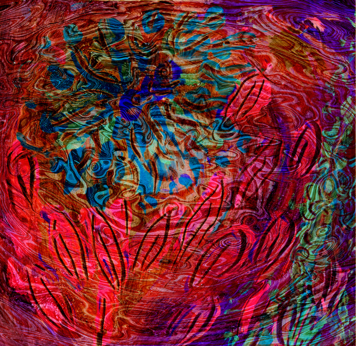 underwater blue flower and leaf shapes like abstract art image with dark fuchsia liquid surface