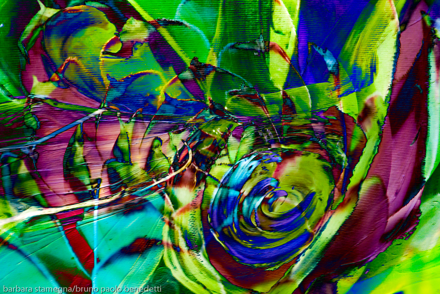 dominant green and fuchsia swirling shapes abstract art composition