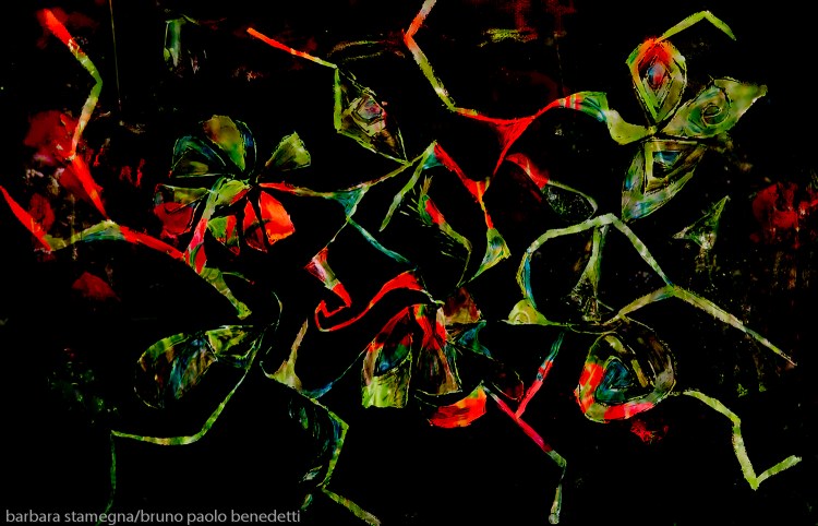 abstract image with floral green and red shapes on black dappled background