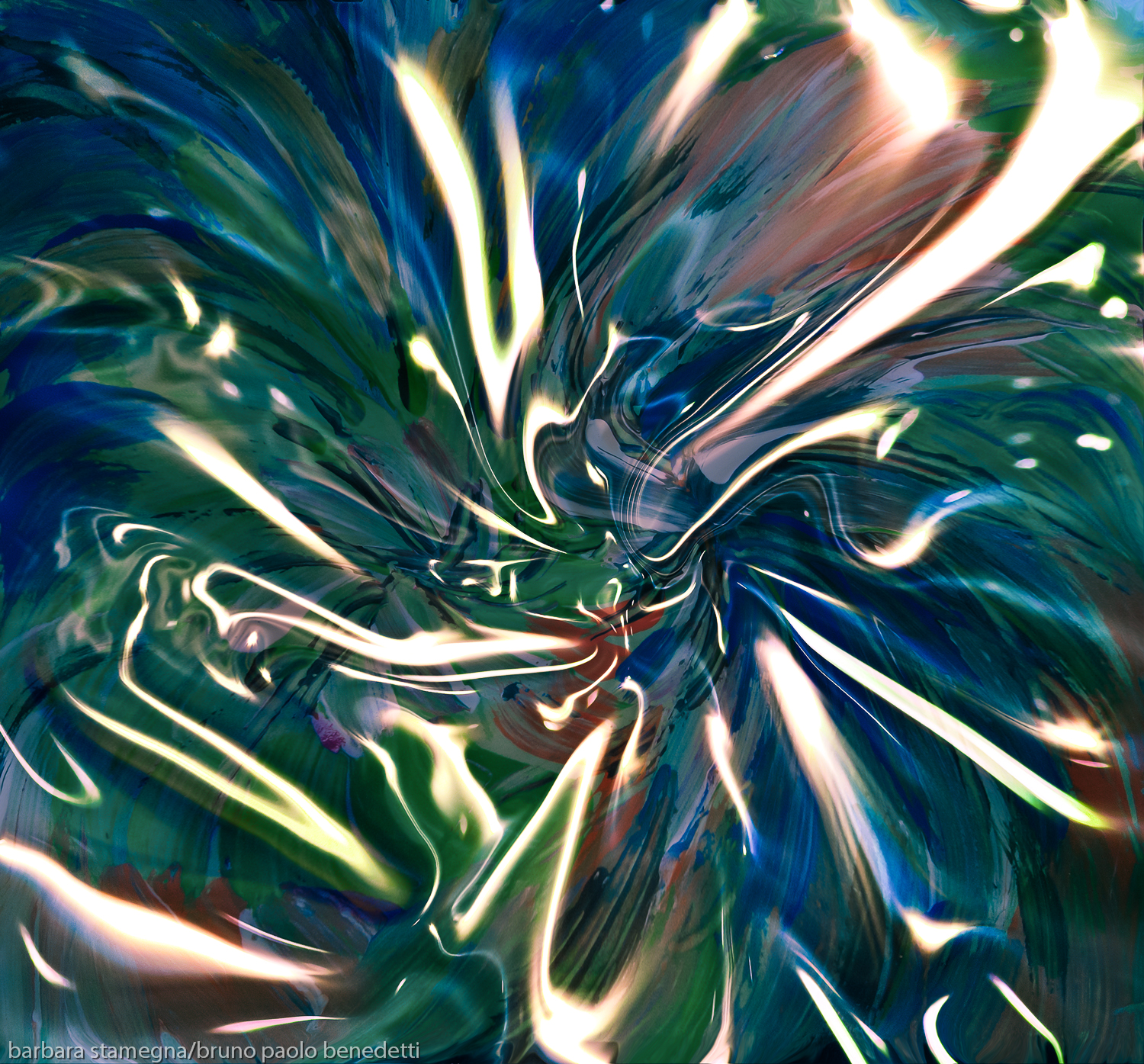 liquid shining vortex abstract art image in dominant blue and green colors with white converging shapes