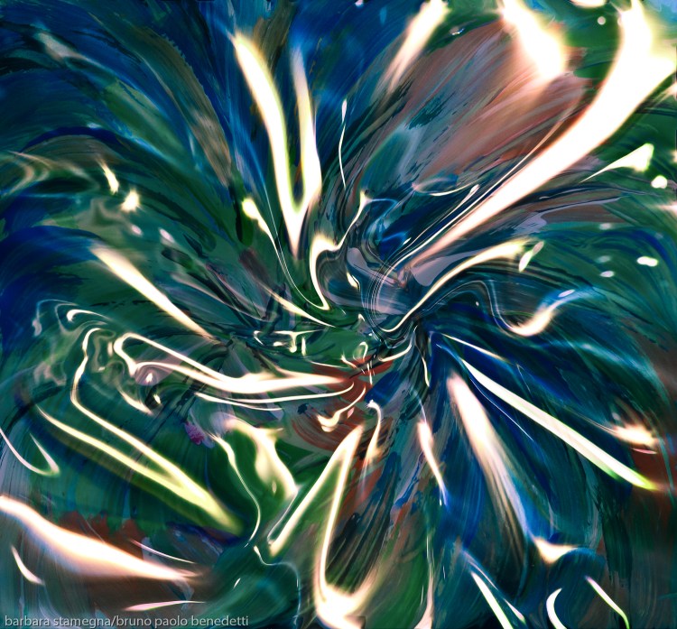 liquid shining vortex abstract art image in dominant blue and green colors with white converging shapes