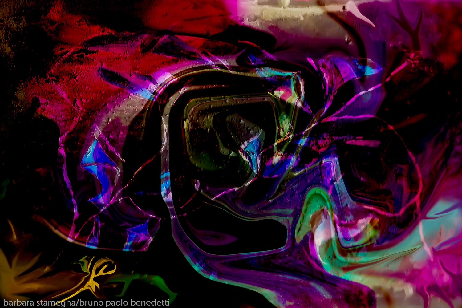 rainbow colored shapes abstract image with swirling shapes on black background