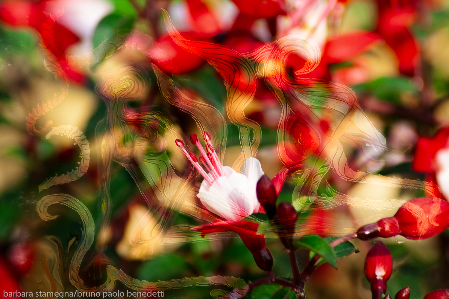 spiritual beyond visible: abstract art composition with flowers on foreground and human figure on blurred background in dominant red,green and beige tones