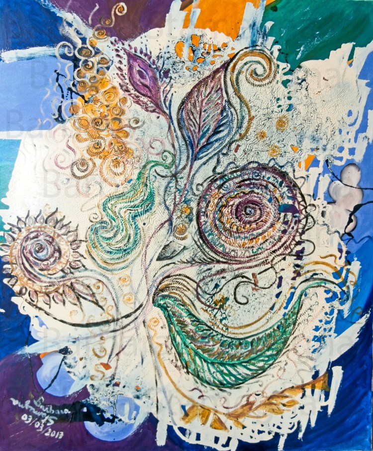 flower like shapes and green leaves like forms on creamy white background