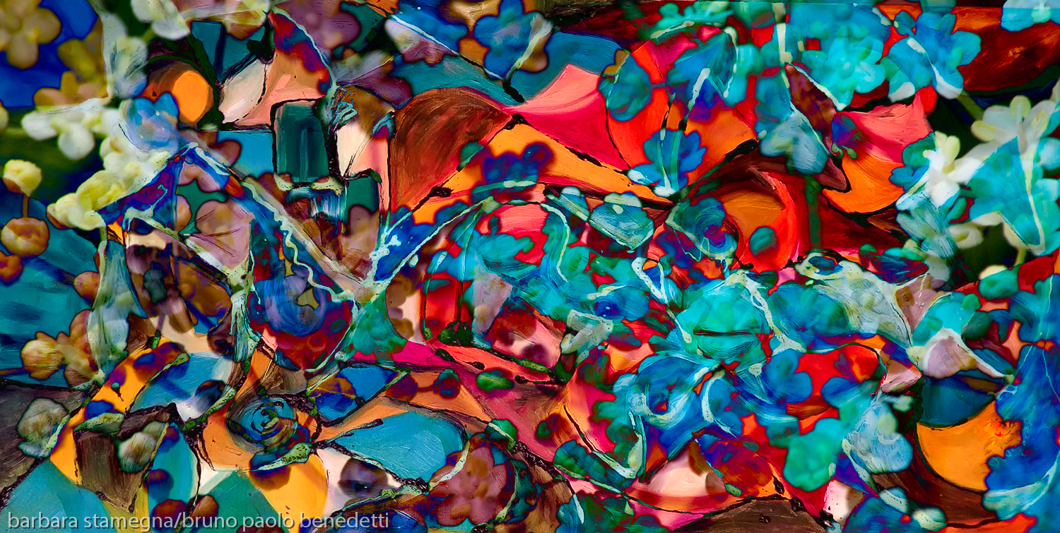 abstract dappled art image with mulltiform colored shapes in dominant red and blue tones