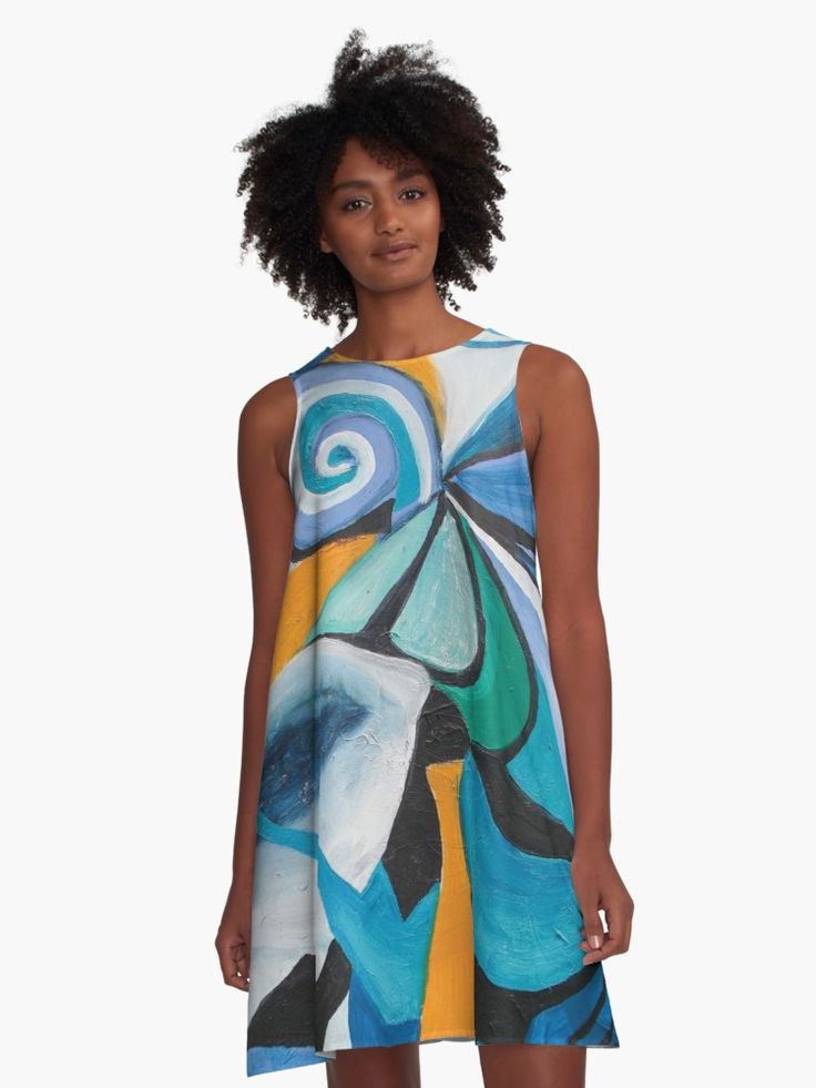 A line dress with blue mood abstract design in blue dominant color with curved shapes and curls