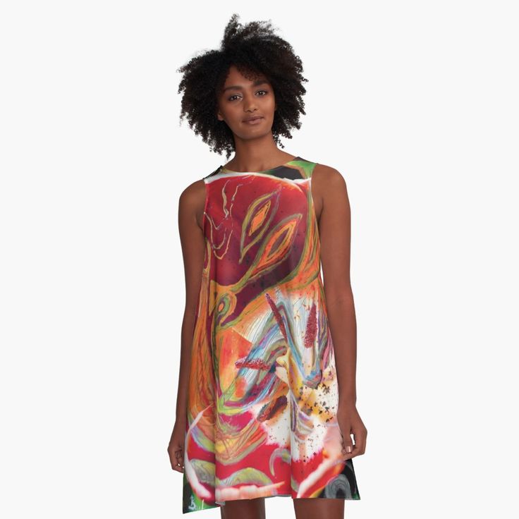 a line dress with with dominant red abstract art design
