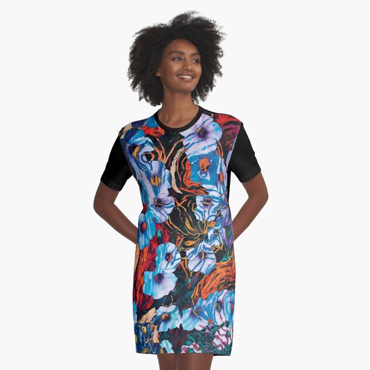 grafic dress for women with floral mottled indigo abstract design applied