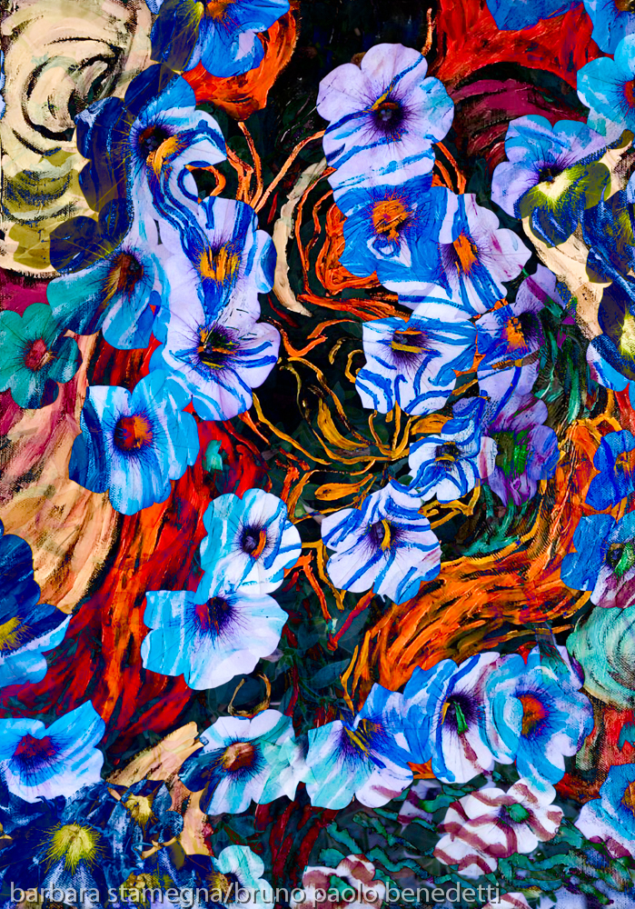 floral mottled indigo abstract art image with flower shapes on mottled background